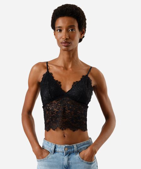 sutiã cropped triângulo feminino de renda floral preto M