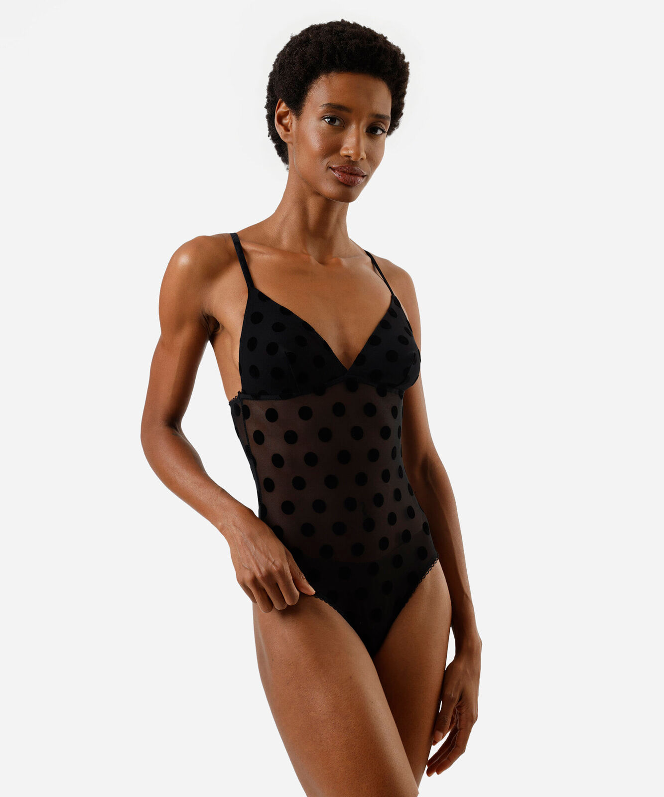 body triângulo feminino de tule alça fina poá preto