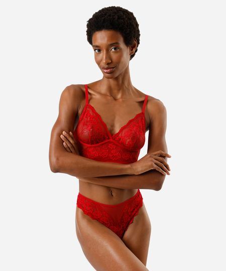 calcinha fio dental feminina de renda floral vermelha G