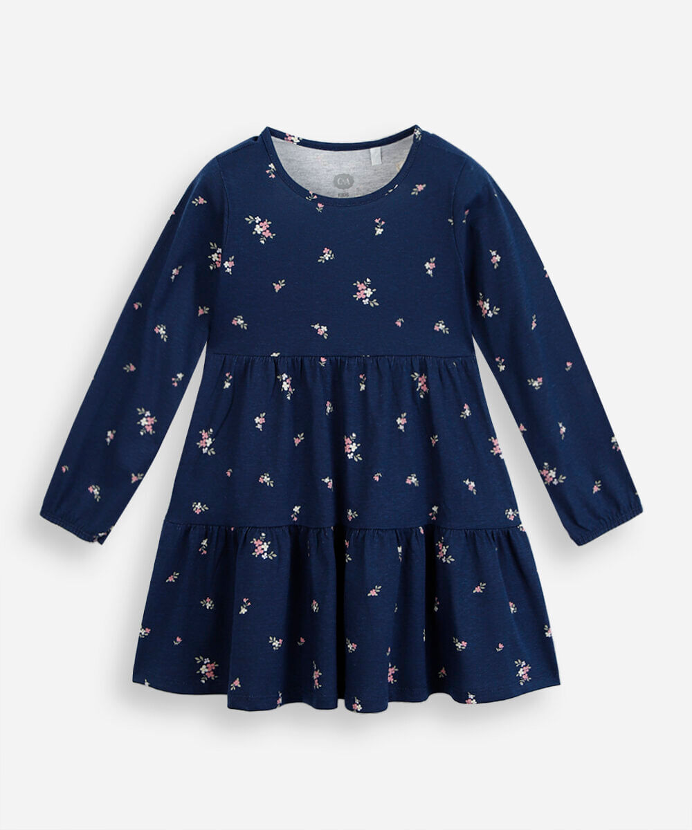 vestido infantil de algodão com recorte manga longa floral azul