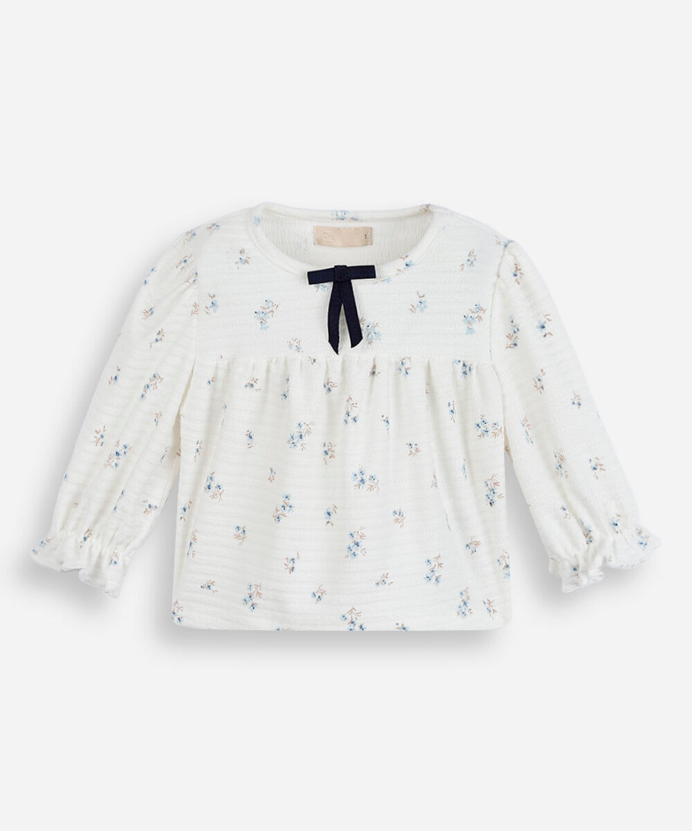 blusa infantil manga longa floral off white