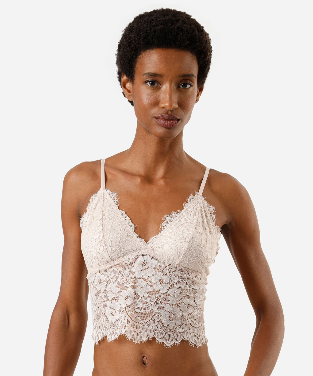 sutiã cropped triângulo feminino de renda floral bege