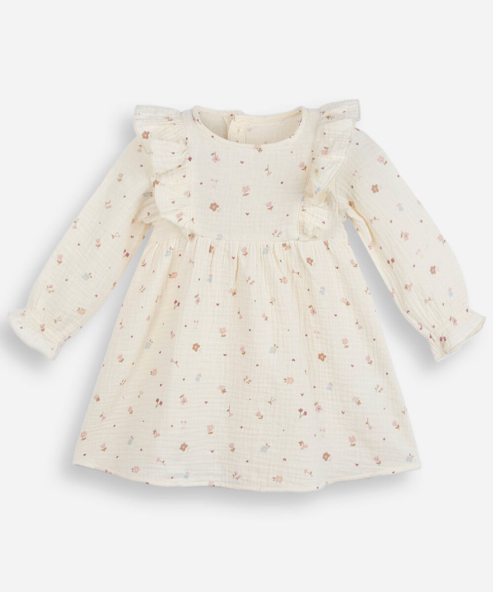 vestido infantil de algodão manga longa com babado floral colorido