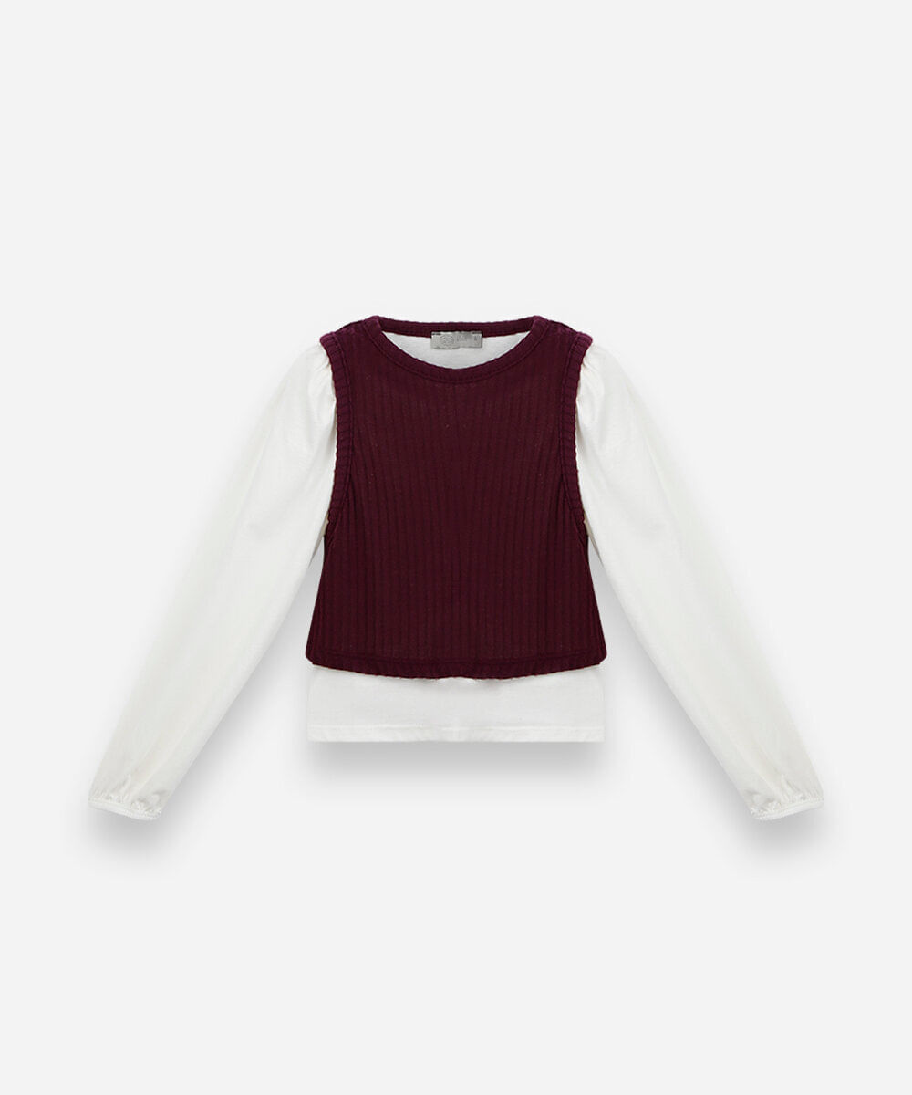 blusa infantil com algodão e sobreposição manga longa vinho