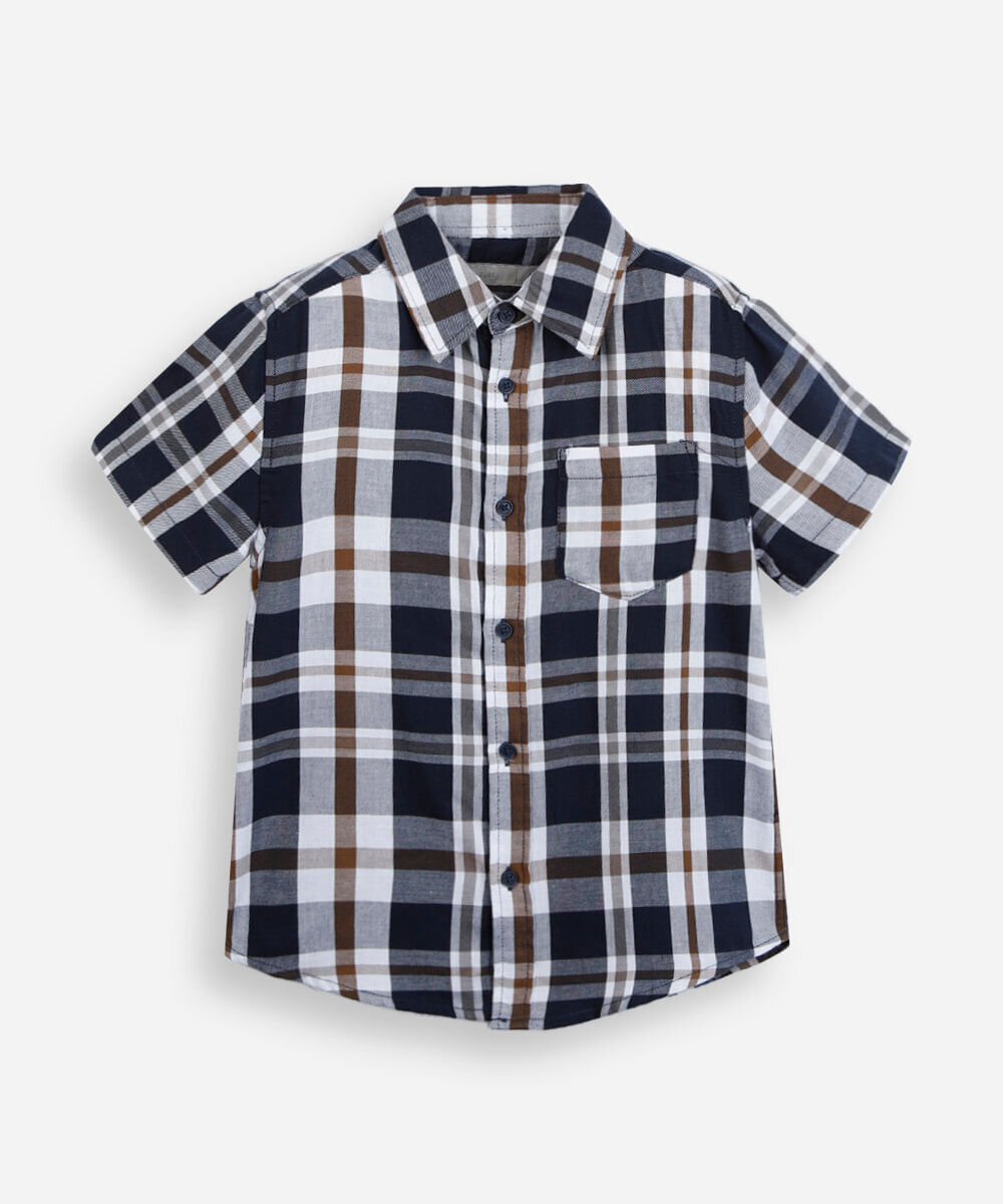 camisa infantil com algodão manga curta xadrez azul