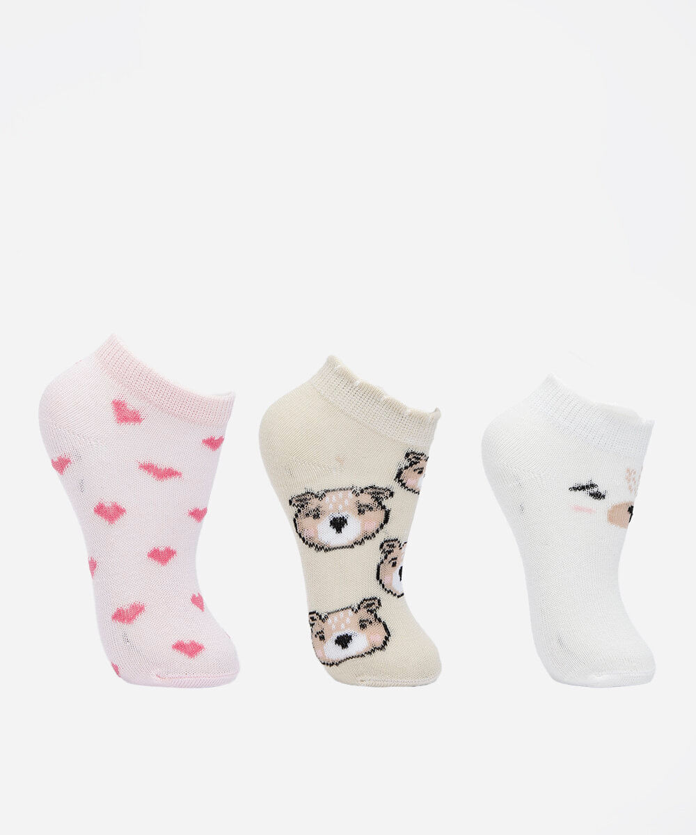 kit de 3 meias infantis estampadas - multicor