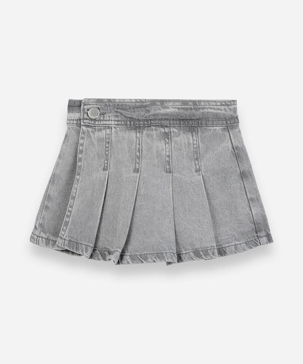 short saia infantil jeans com pregas cinza