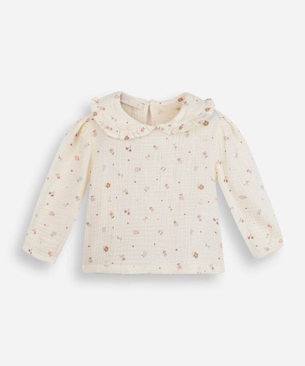 bata infantil de algodão manga longa floral off white