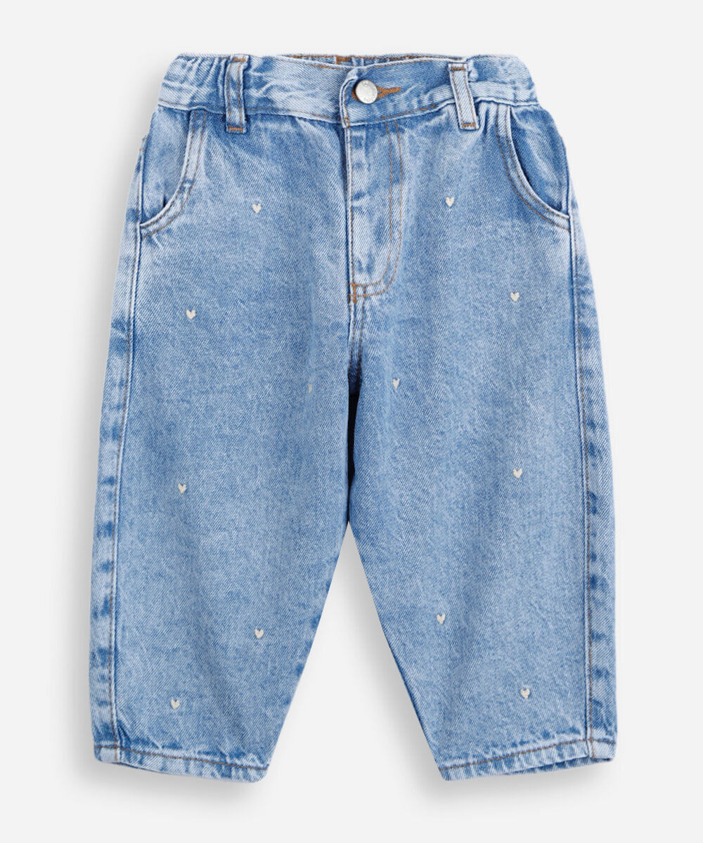 calça clochard infantil de algodão com bordados azul