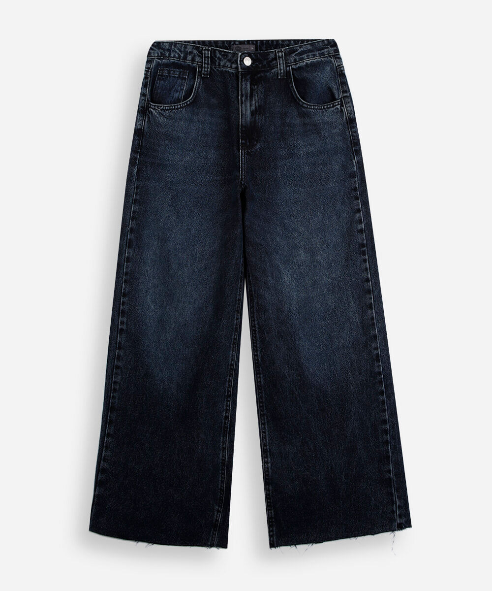 calça wide leg juvenil jeans com barra a fio azul
