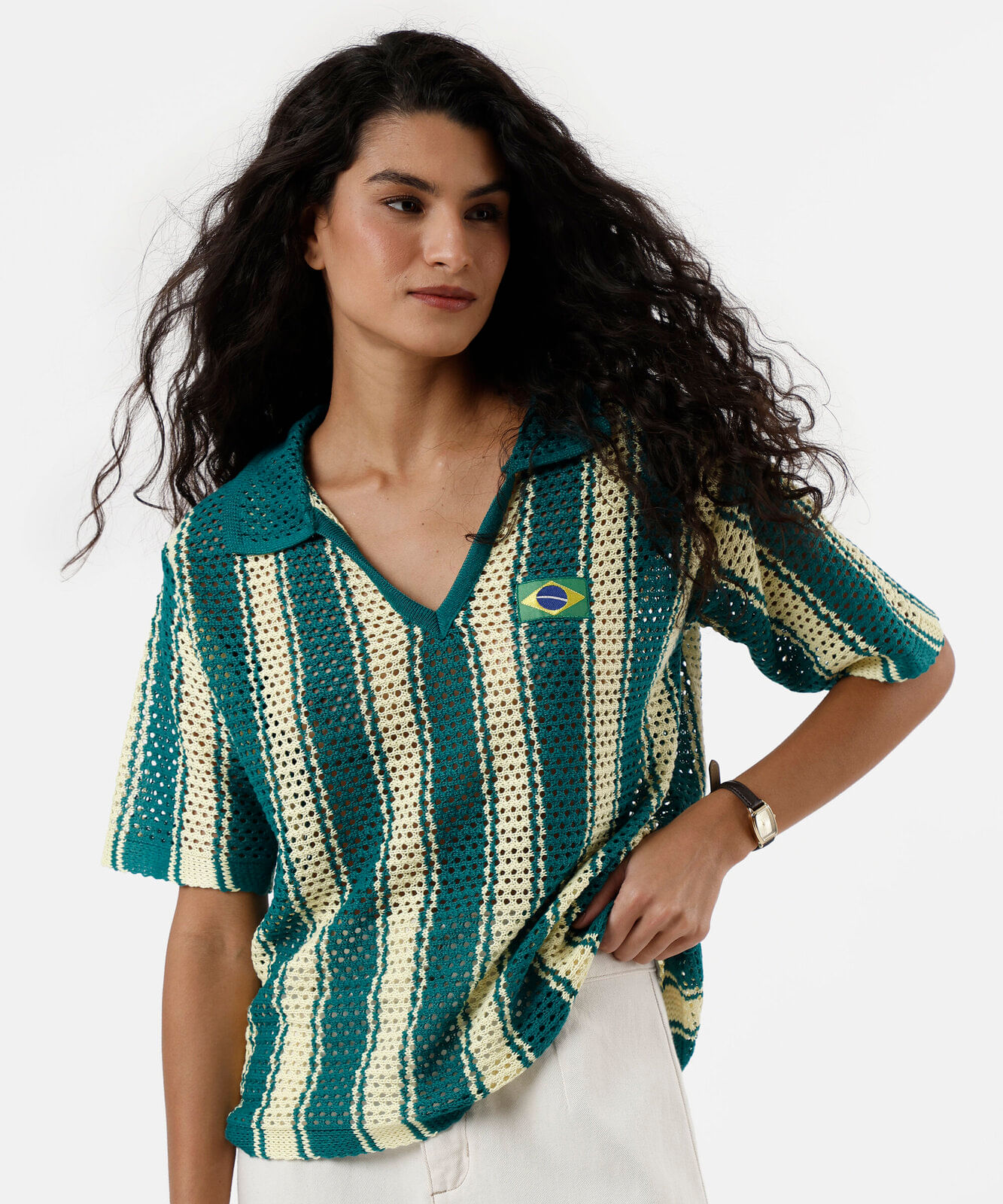 camisa polo feminina de tricot listrada brasil verde