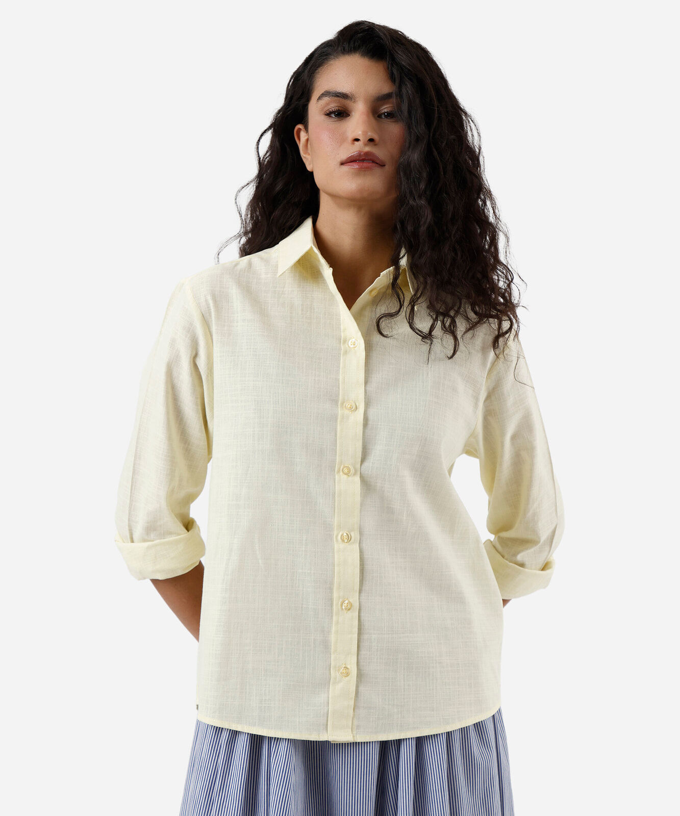 camisa feminina de algodão manga longa amarela