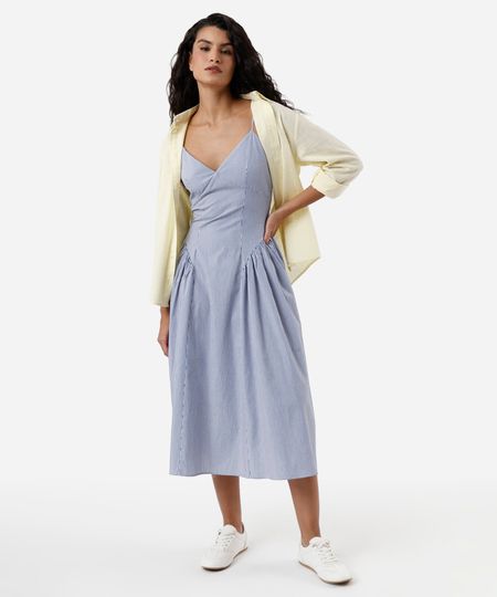vestido midi decote v com recorte listrado off white PP