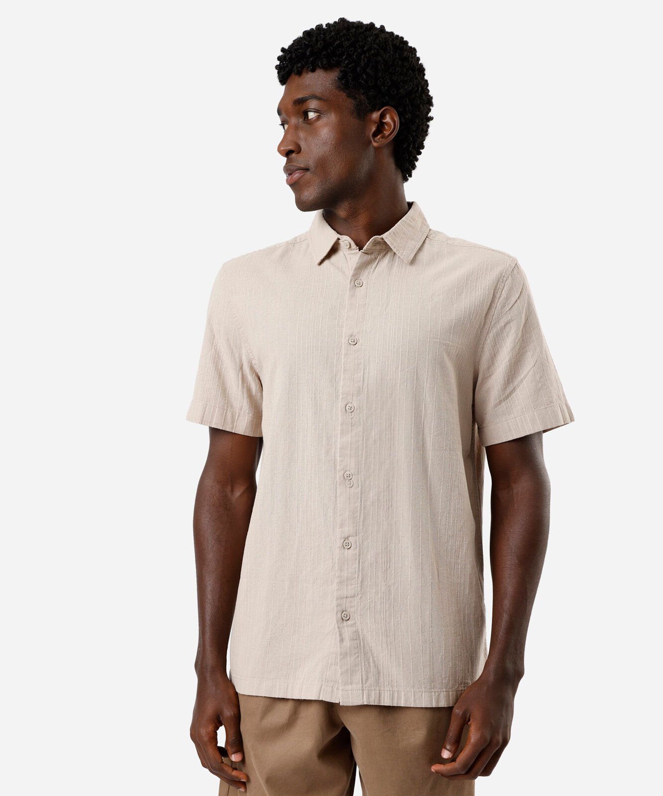 camisa masculina de algodão listrada bege