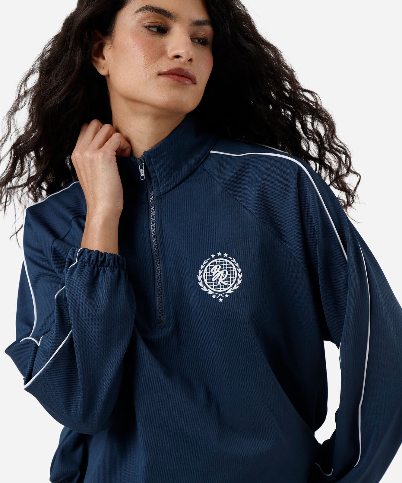 blusão esportivo feminino gola alta com nervuras azul