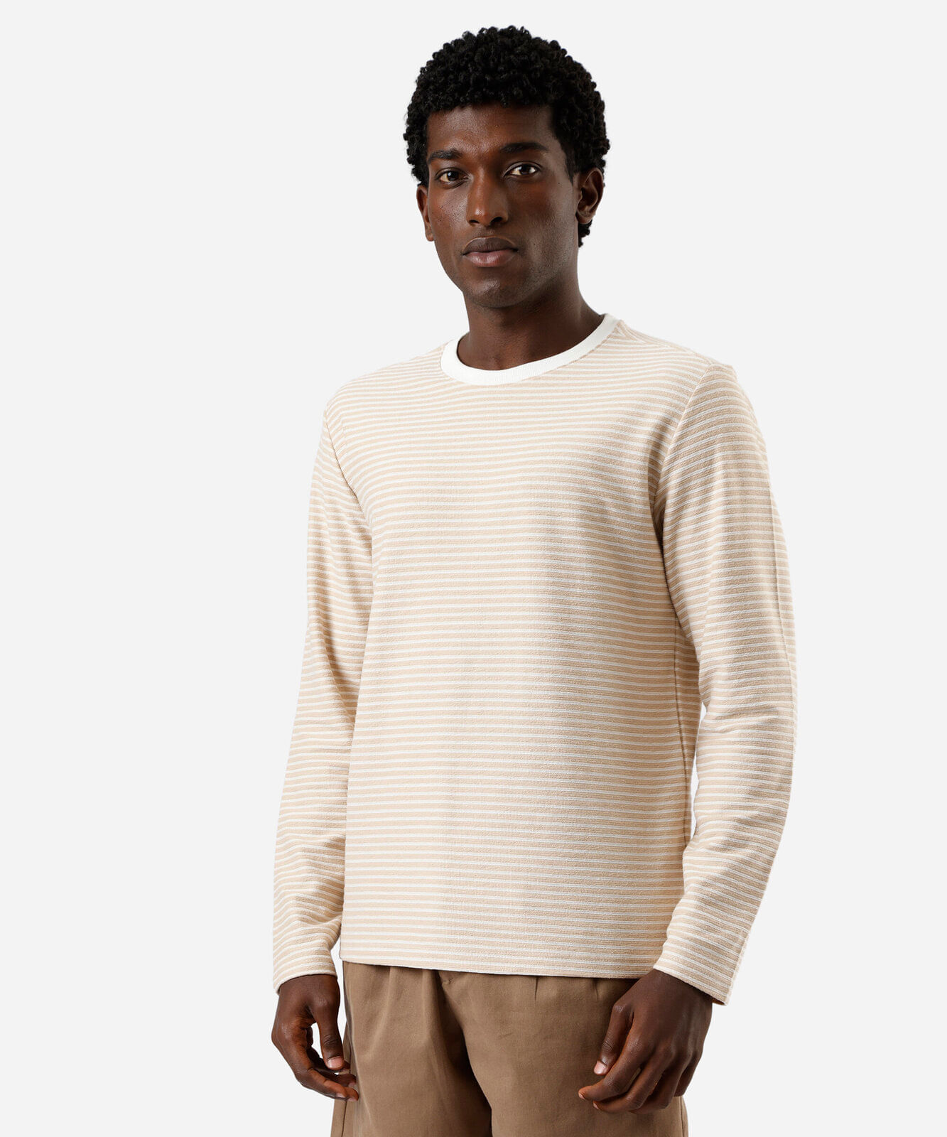 camiseta masculina de tricot manga longa listrada bege