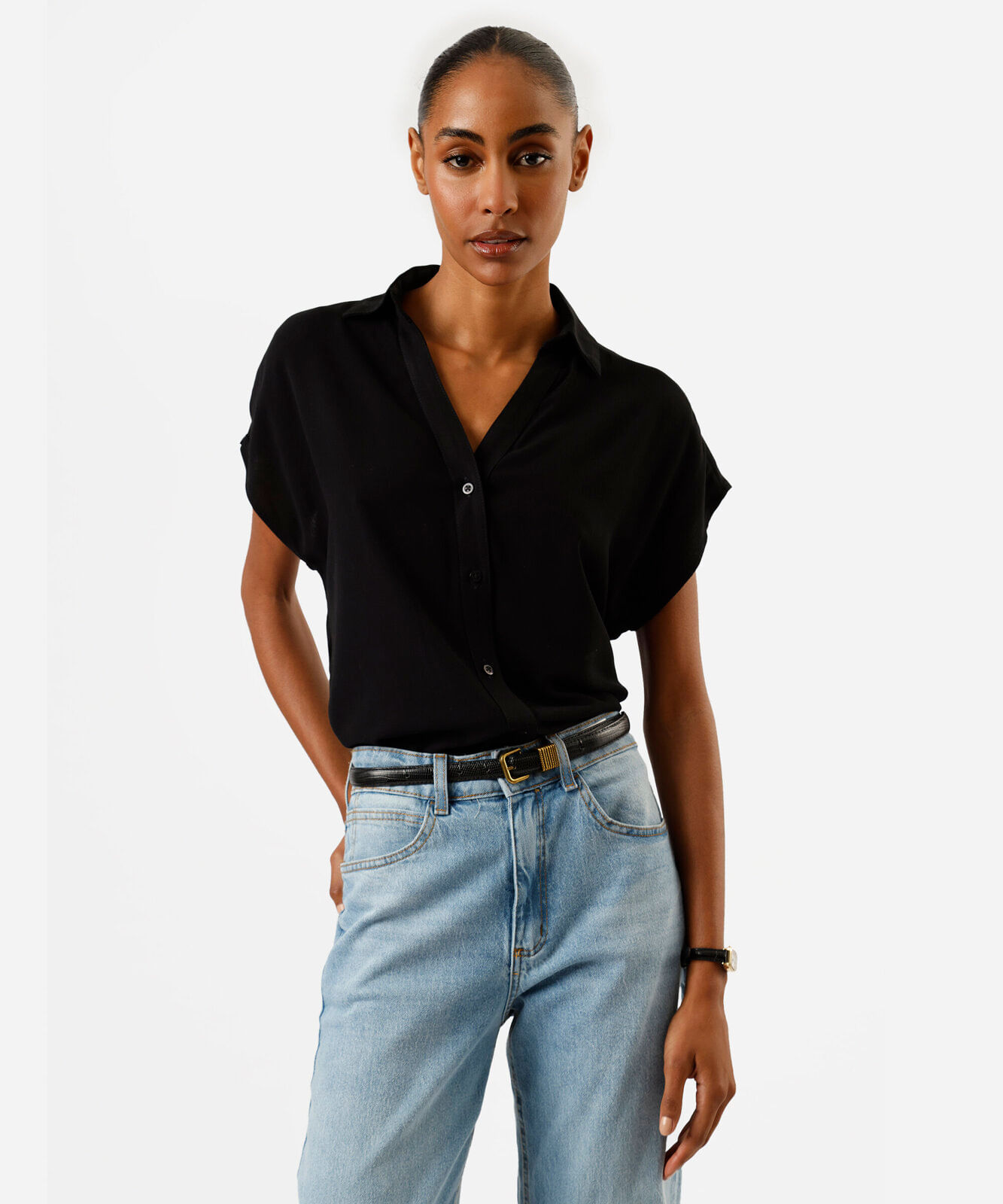 camisa feminina de viscose manga curta preta