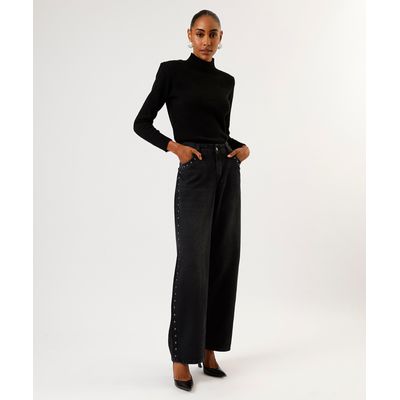 calça wide leg feminina jeans com tachas cintura baixa preta