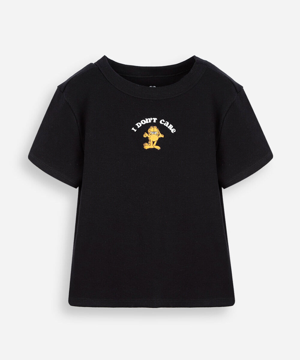 blusa baby look juvenil de algodão garfield preta