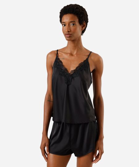 pijama short doll feminino com renda acetinado preto PP
