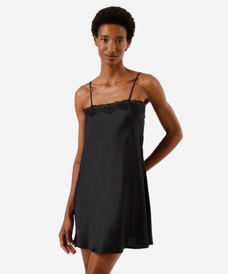 camisola alça fina feminina com renda acetinada preta PP