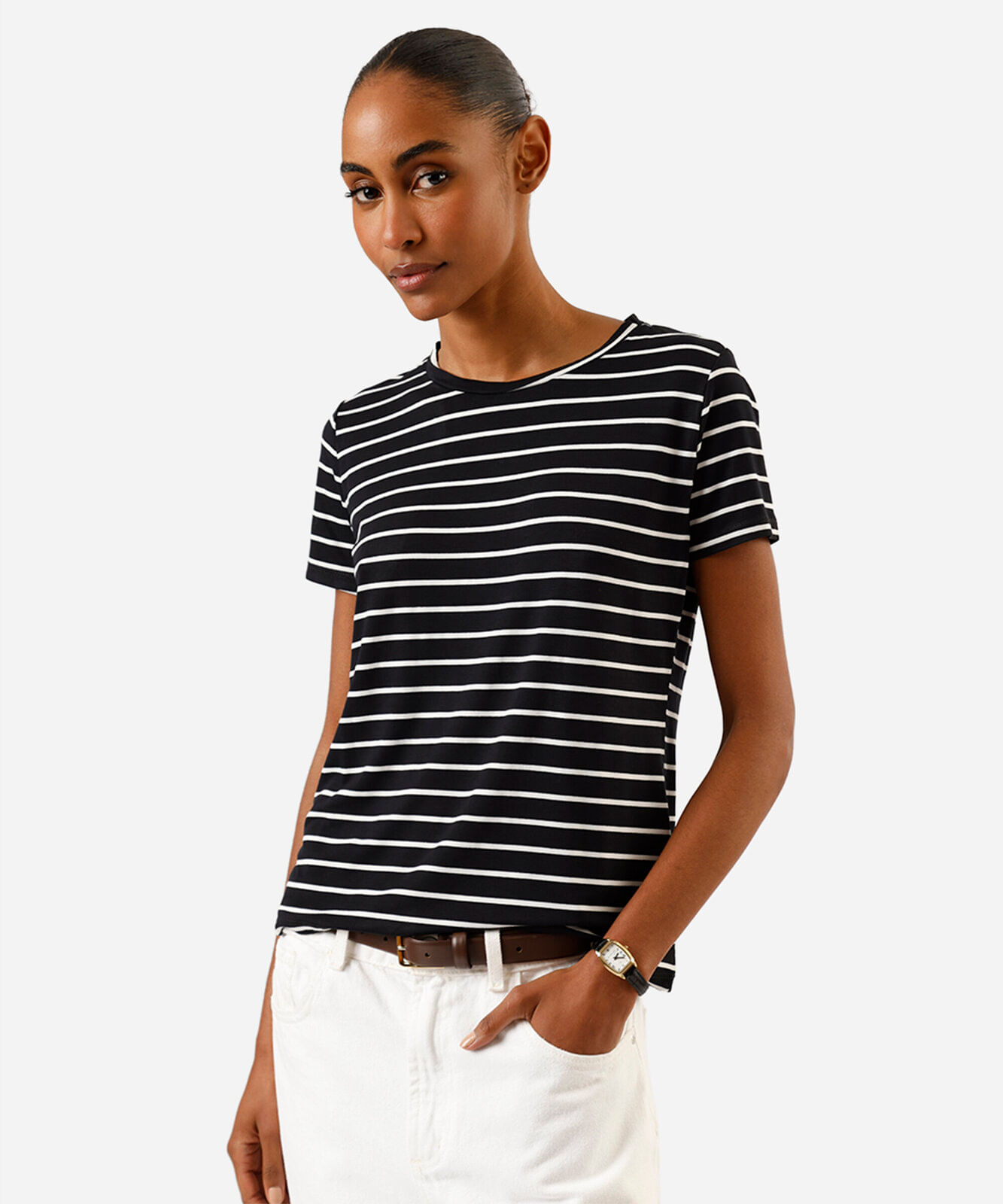 camiseta feminina básica listrada manga curta preta