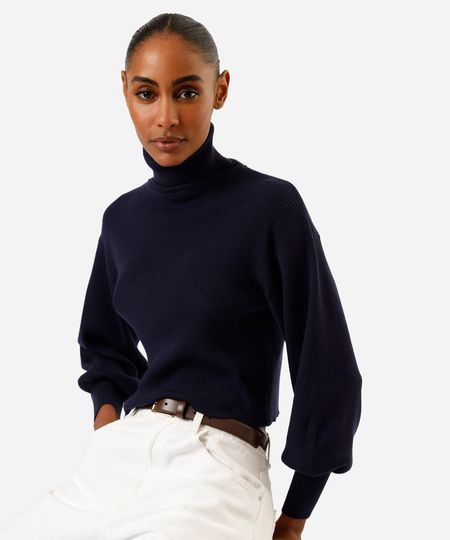 suéter cropped feminino de tricot manga bufante canelado azul G