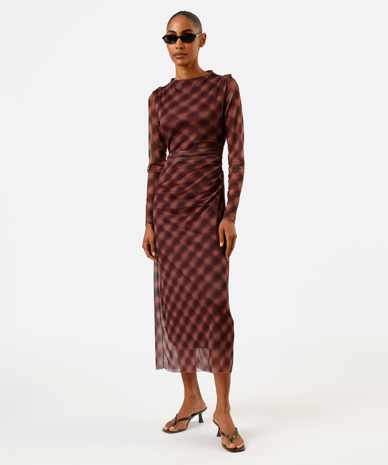 vestido longo feminino de tule manga longa franzido xadrez marrom