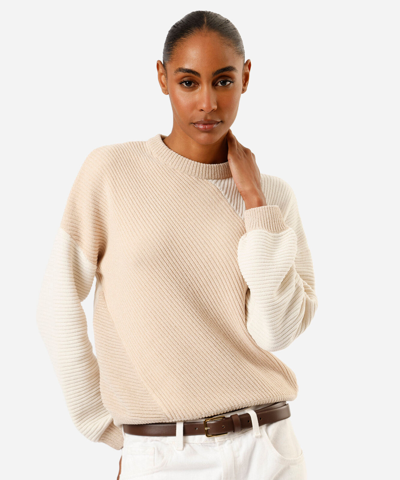 suéter feminino de tricot canelado bicolor bege