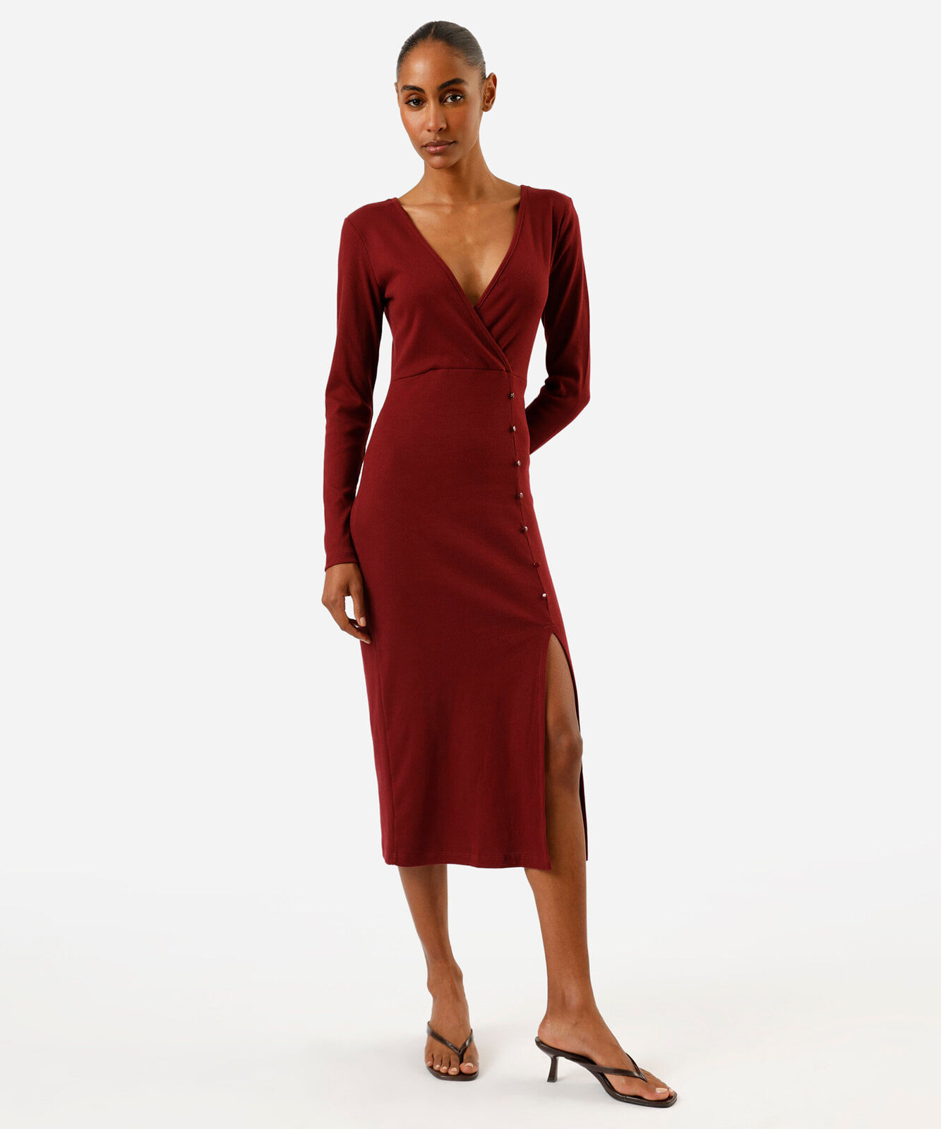 vestido midi feminino de algodão manga longa com fenda canelado vinho