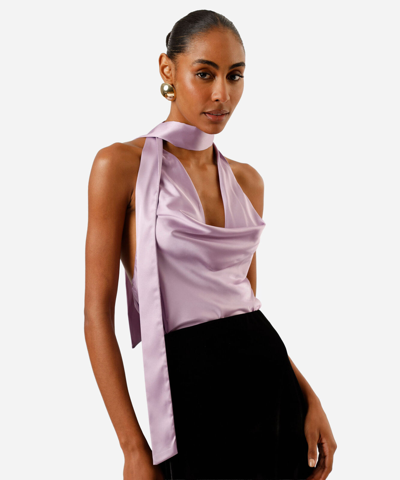 blusa frente única feminina decote degagê acetinada lilás