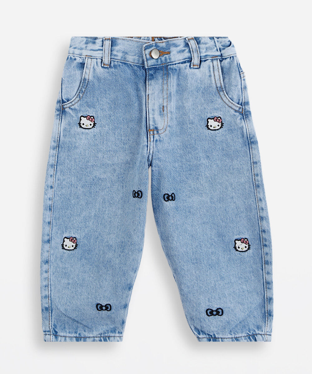 calça clochard infantil jeans bordado hello kitty azul