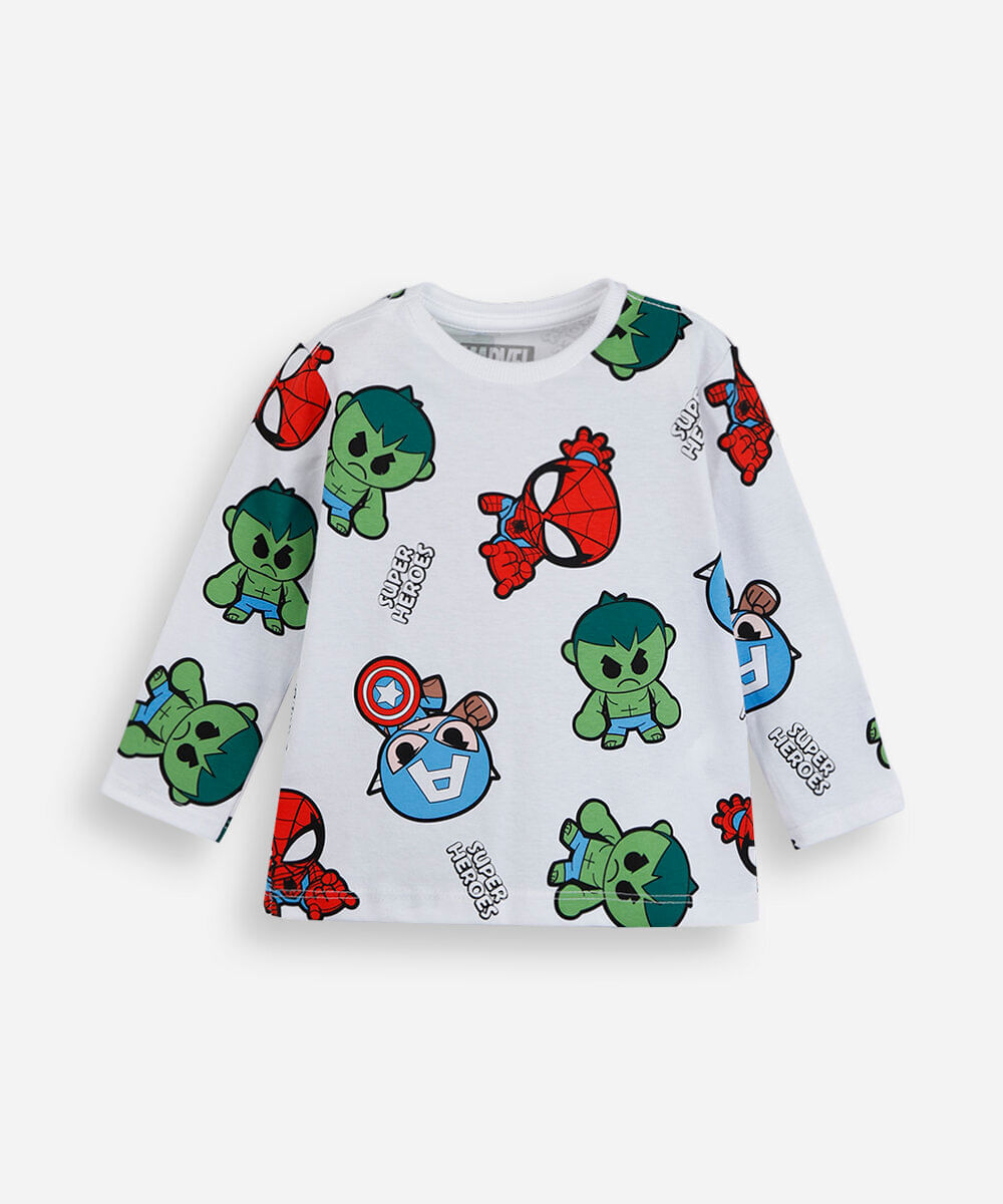 camiseta infantil de algodão manga longa os vingadores off white