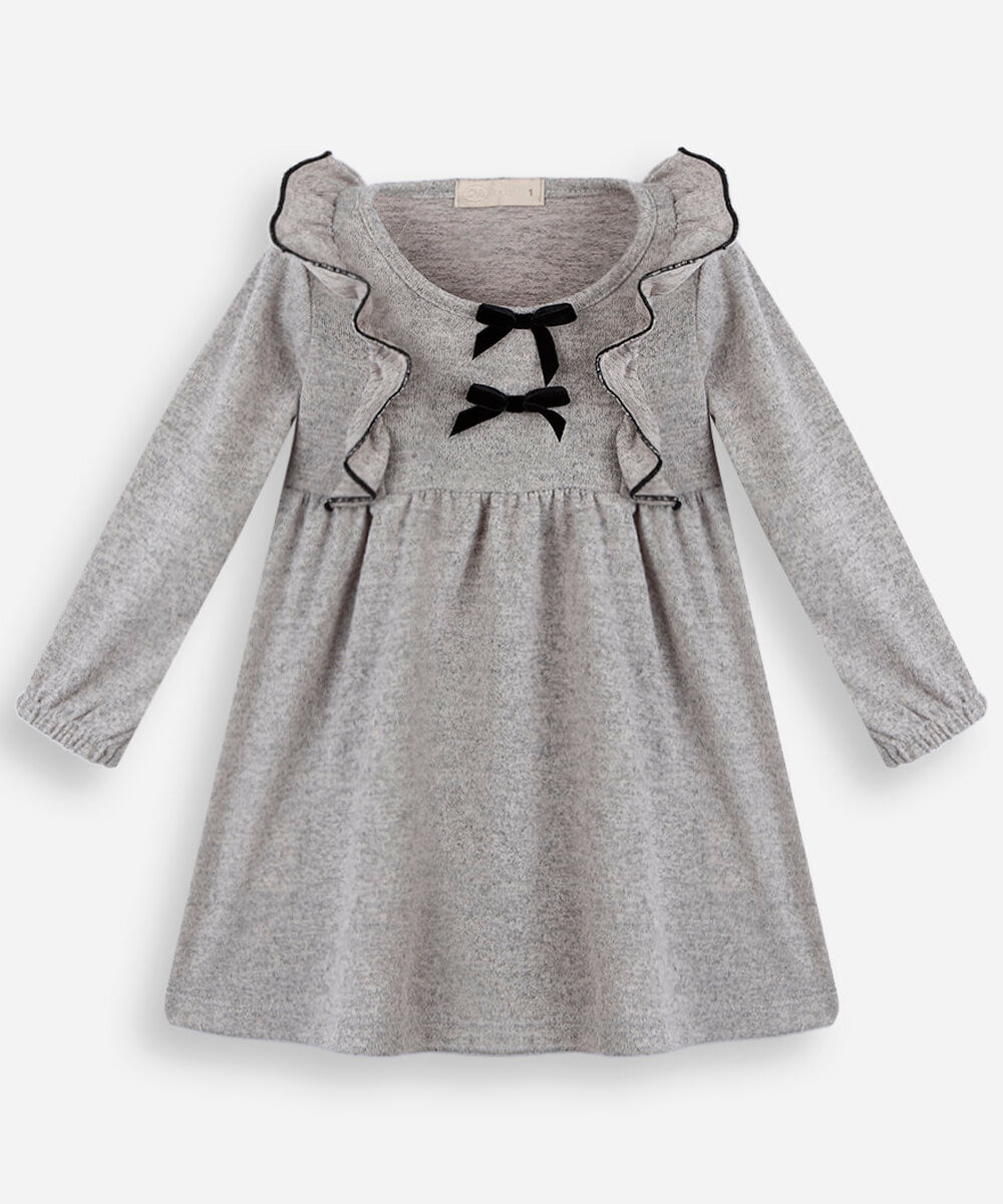 vestido infantil com babados manga longa cinza
