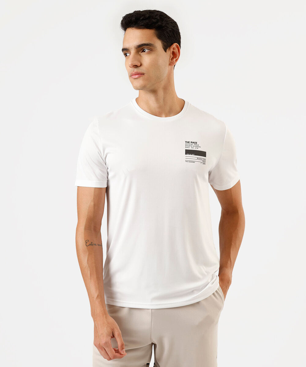camiseta esportiva masculina manga curta estampada branca
