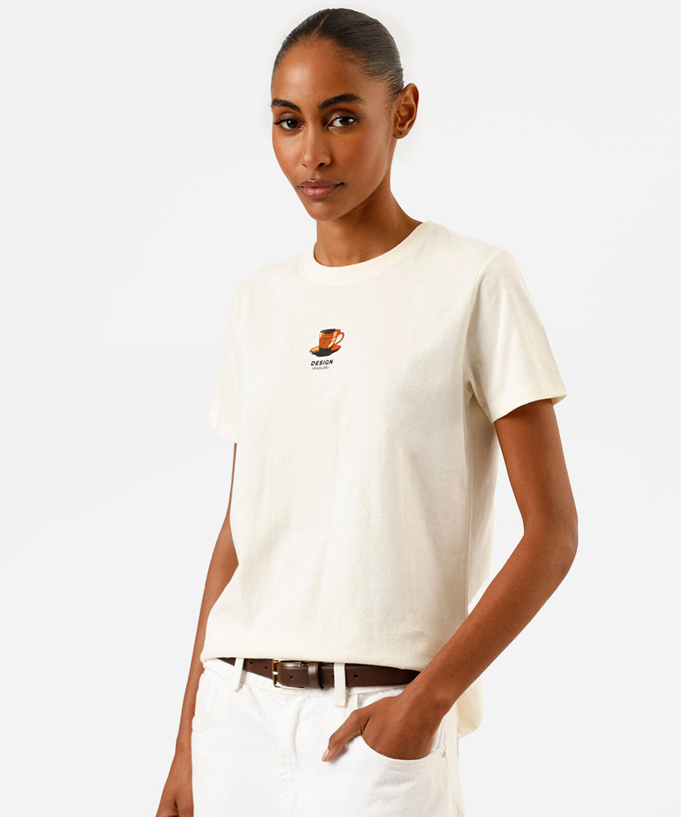 camiseta feminina de algodão manga curta estampada bege