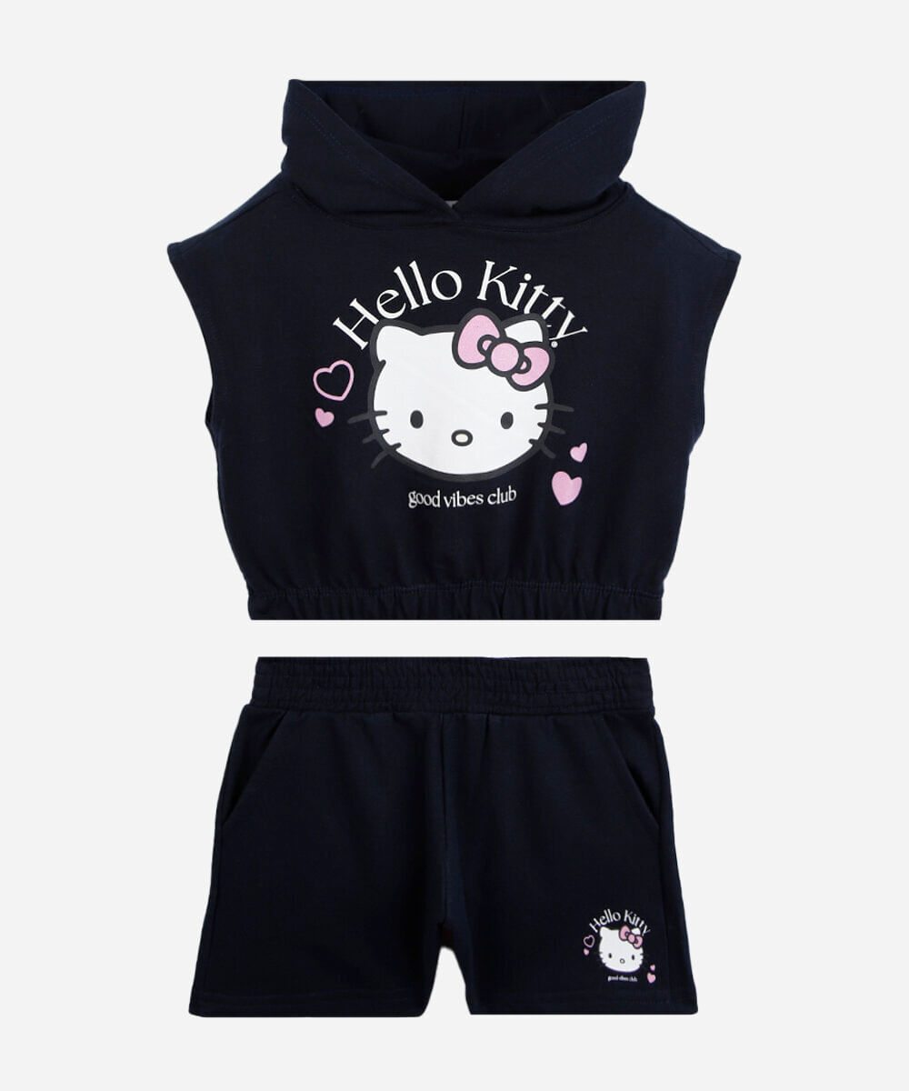 conjunto curto infantil de algodão com capuz hello kitty azul