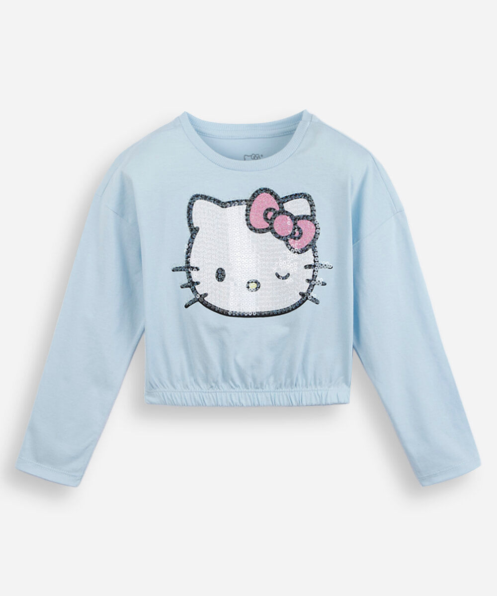 blusa cropped infantil de algodão manga longa hello kitty com paetê azul