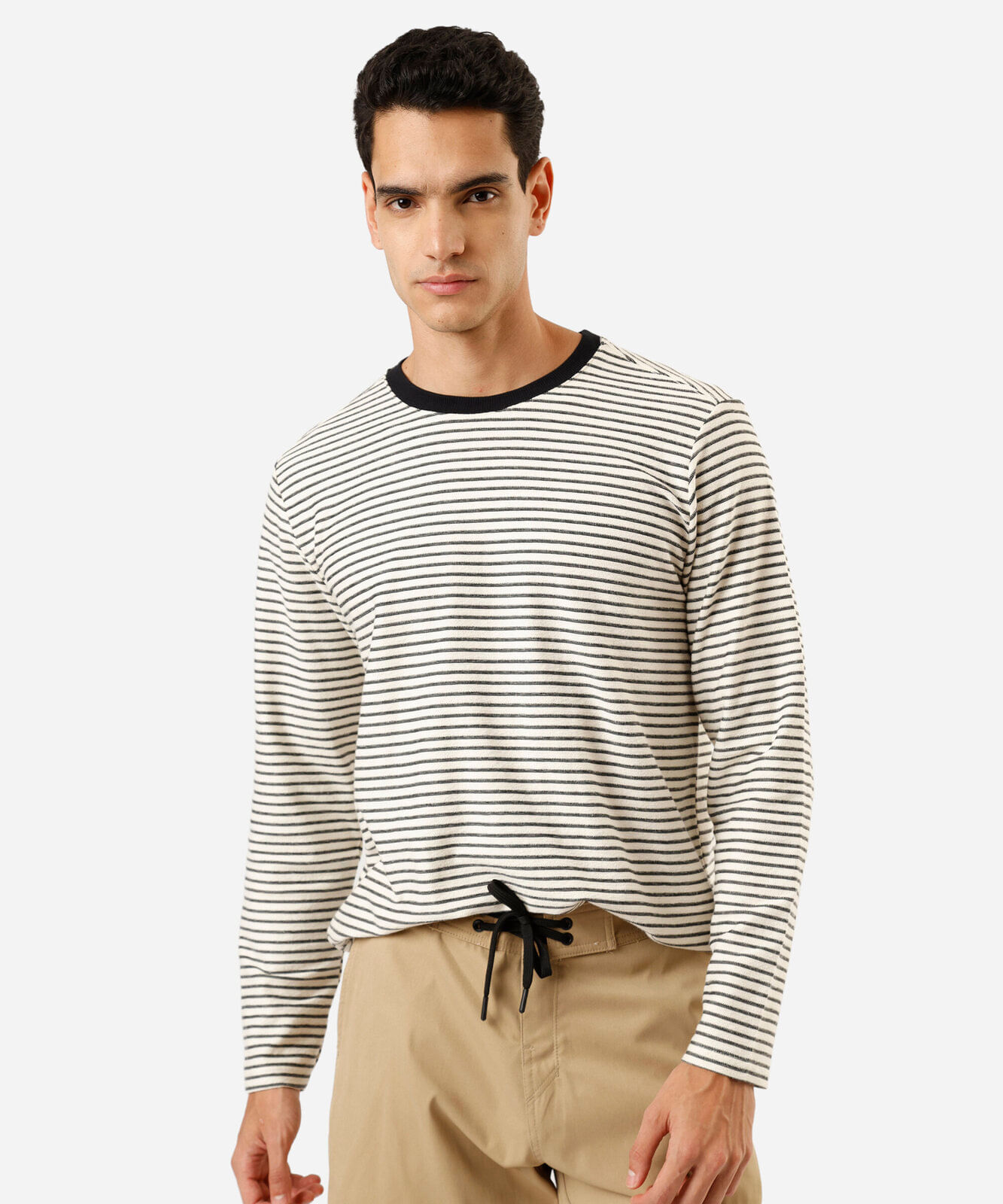 camiseta masculina de tricot manga longa listrada preta