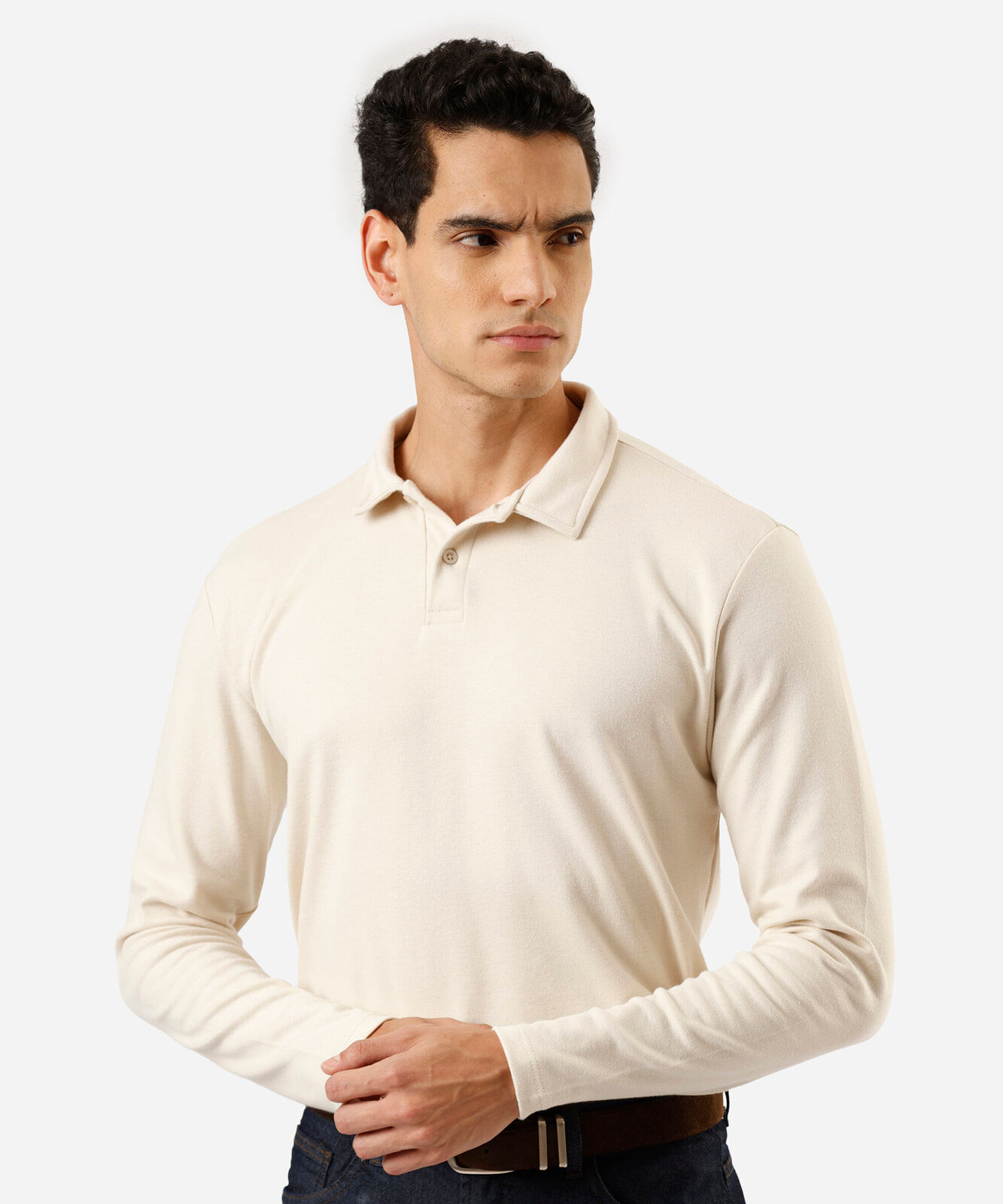 polo masculina com algodão manga longa bege