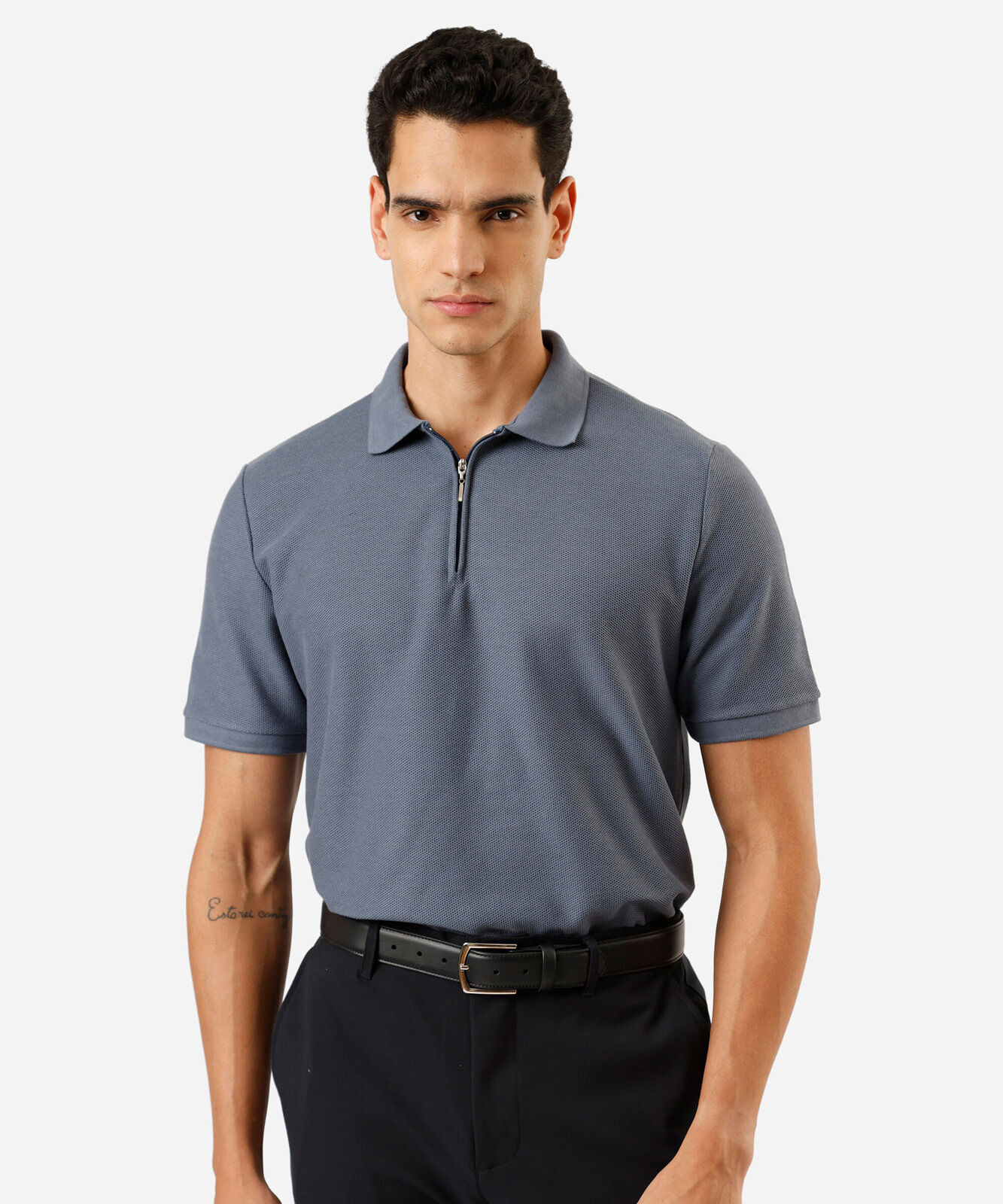 polo masculina em piquet com zíper manga curta azul