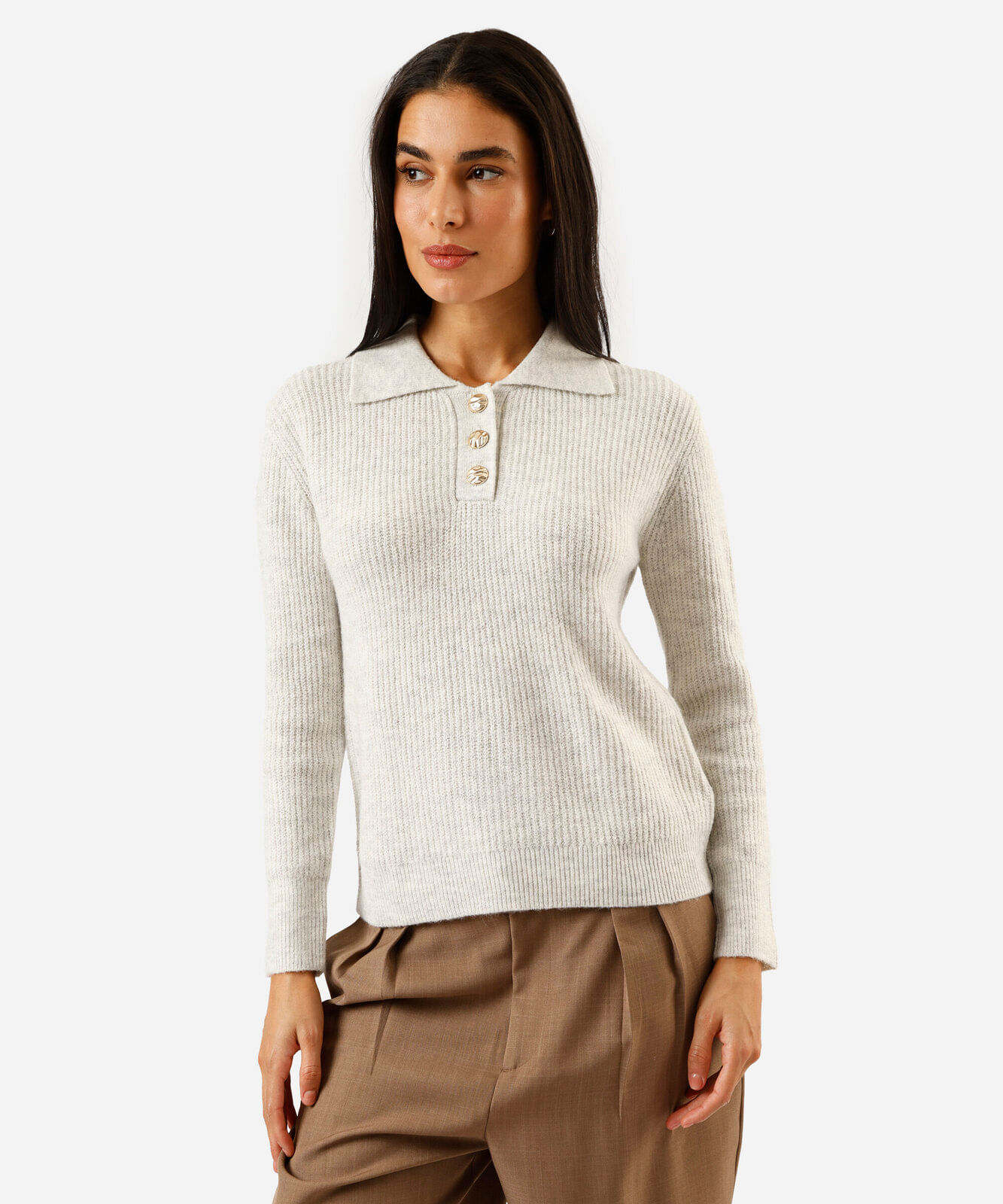 polo feminina de tricot manga longa off white