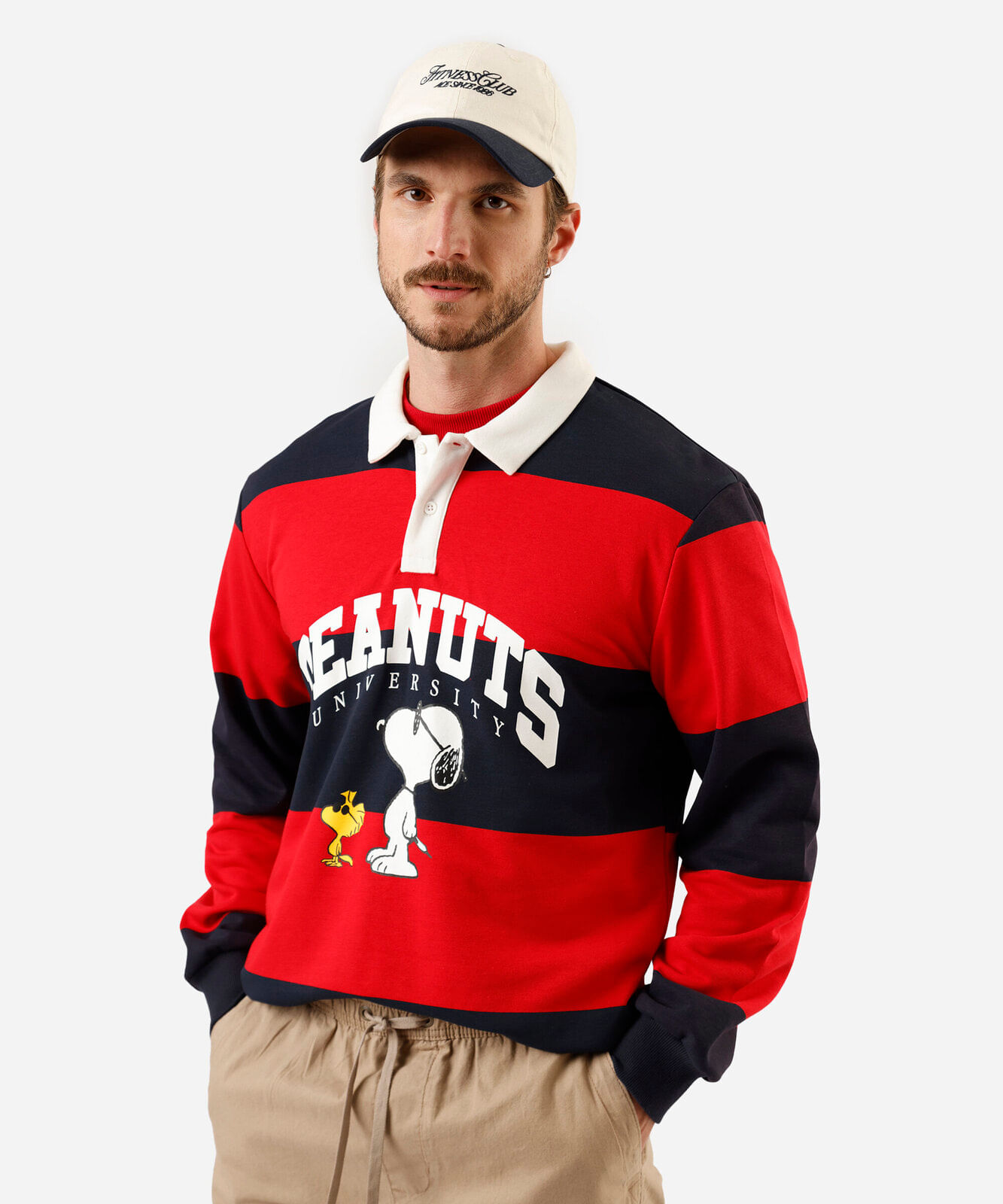 polo masculina de moletom peanuts snoopy manga longa listrada colorido