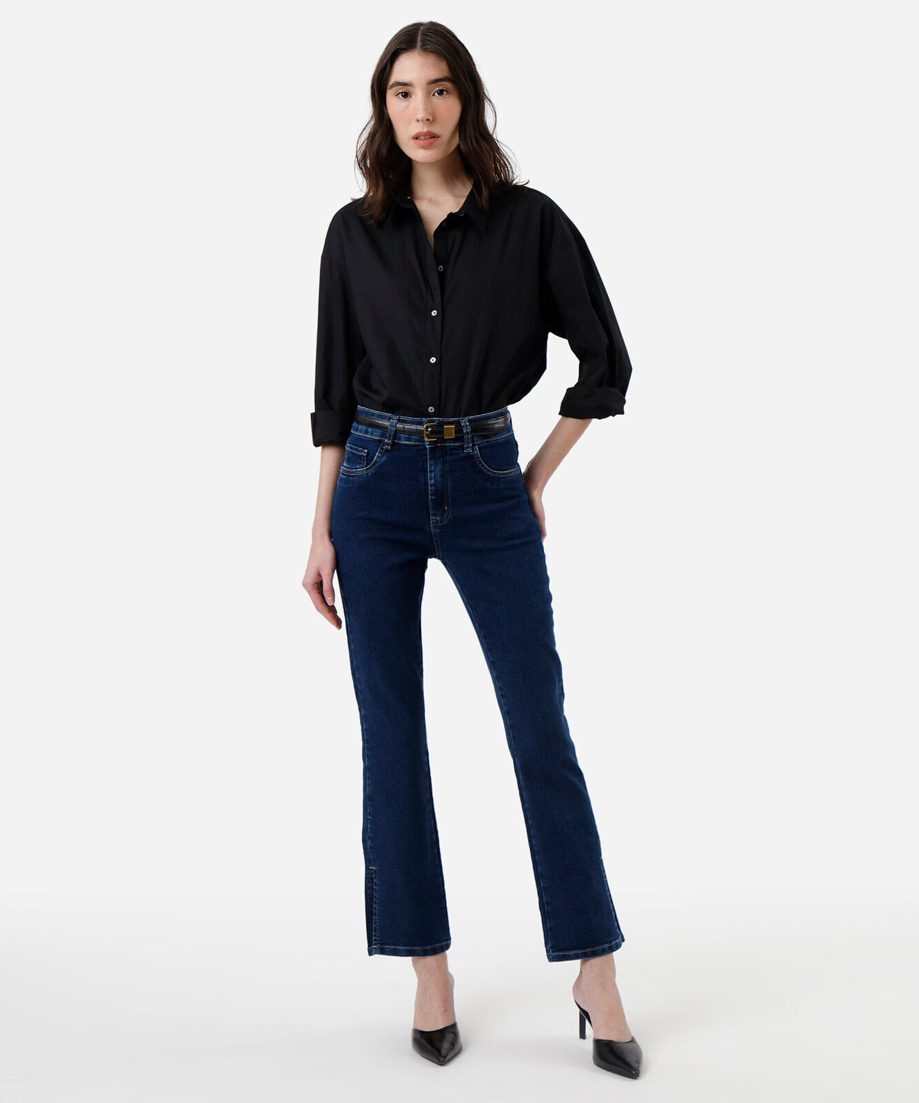 calça reta feminina jeans com fendas sawary azul