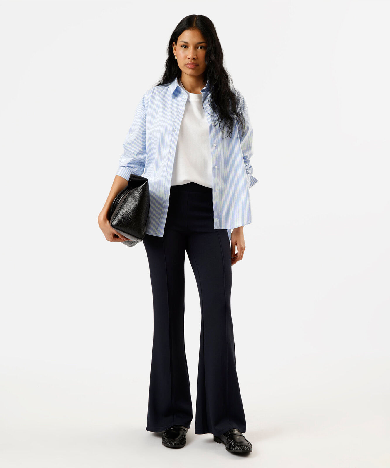 calça flare feminina com nervuras cintura alta azul