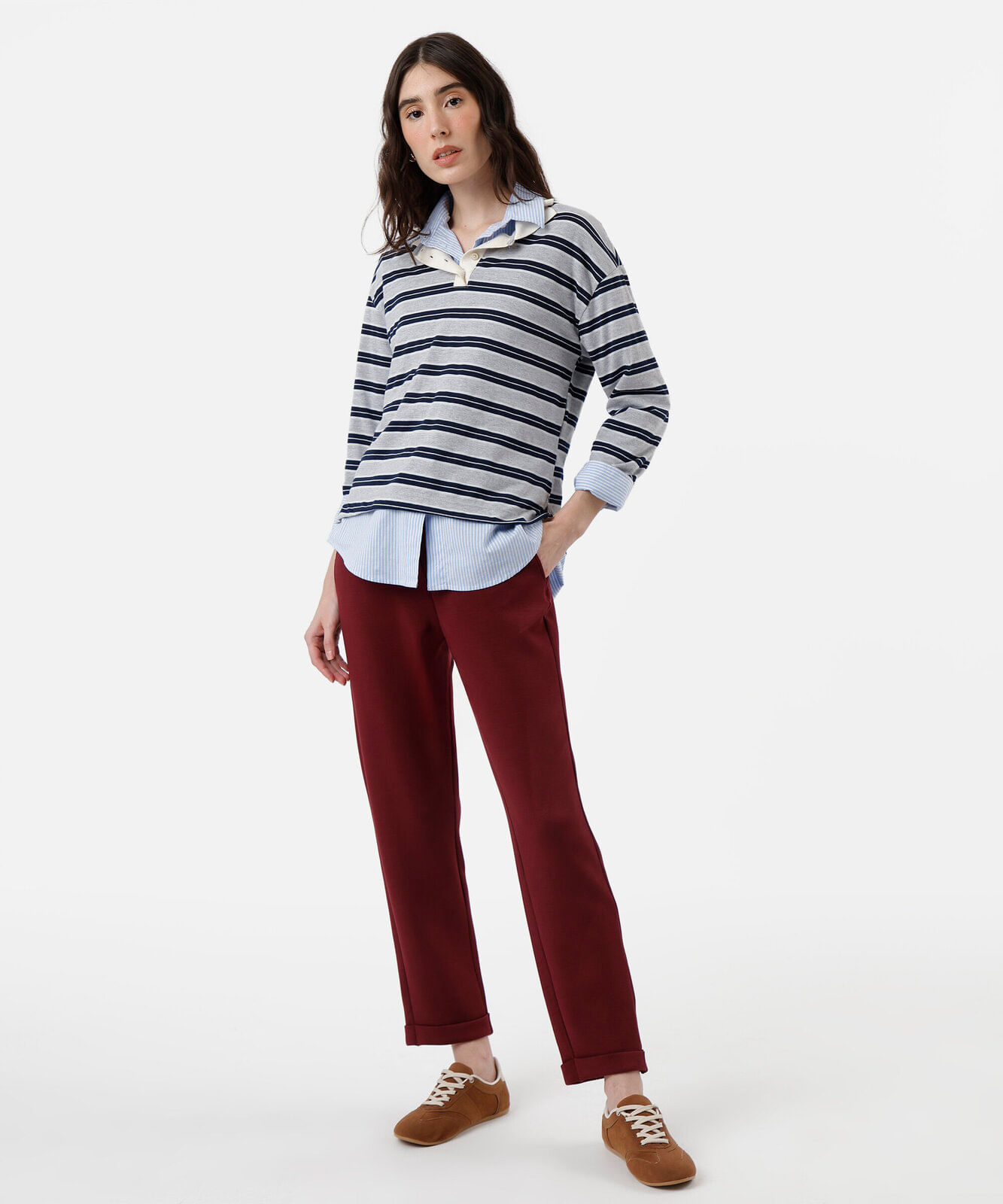 calça reta feminina cós elástico vinho