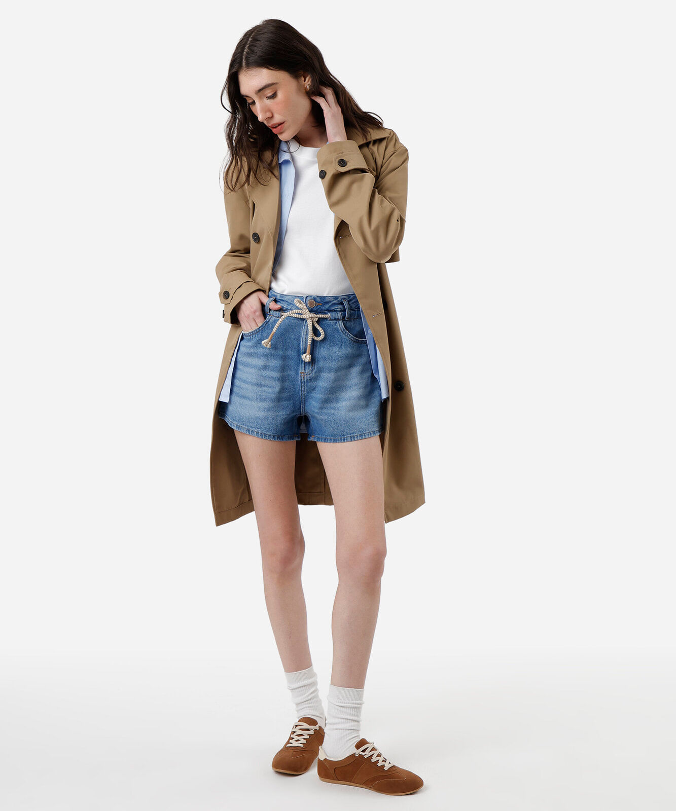 short feminino jeans cintura alta com cordão azul