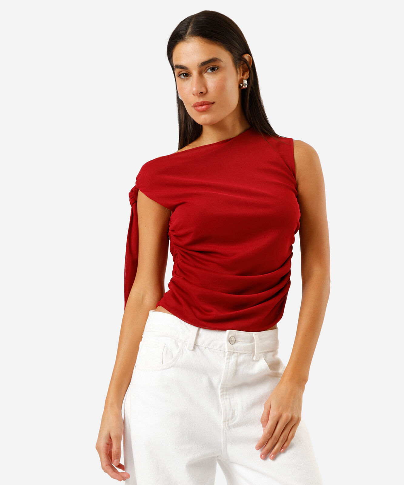 blusa feminina de tule franzida com amarração vermelha