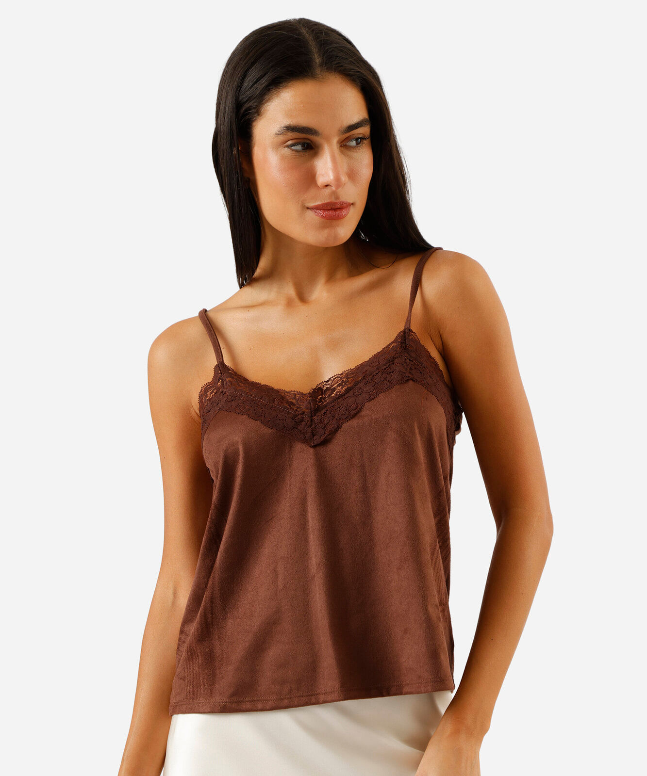regata feminina de suede com renda marrom