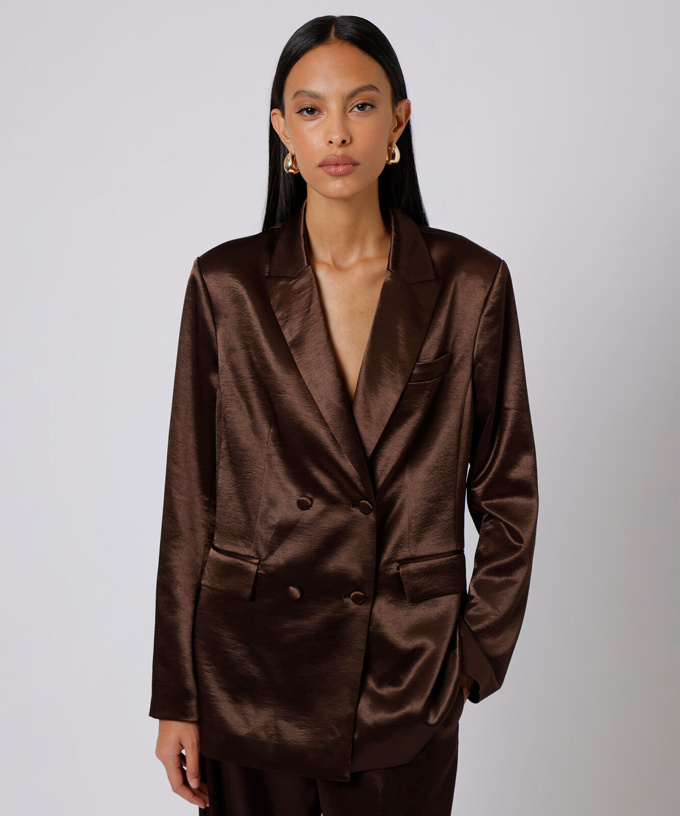 blazer de alfaiataria feminino acetinado mindset marrom